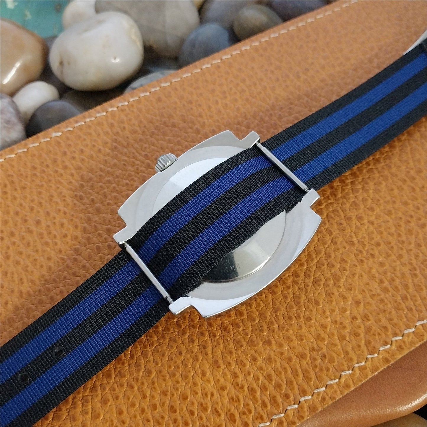 20mm 1960s Striped Perlon Black & Blue Classic Single Pass NOS Vintage Watch Band