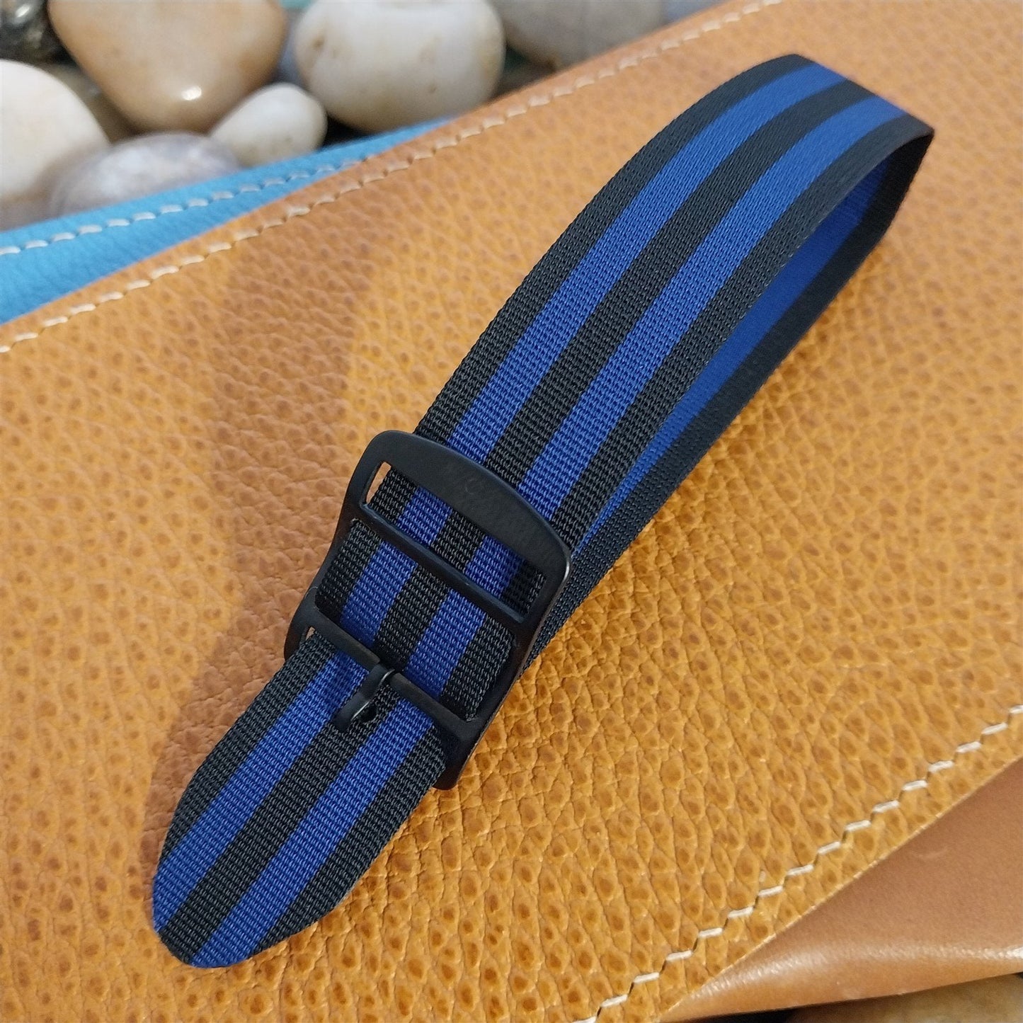 20mm 1960s Striped Perlon Black & Blue Classic Single Pass NOS Vintage Watch Band