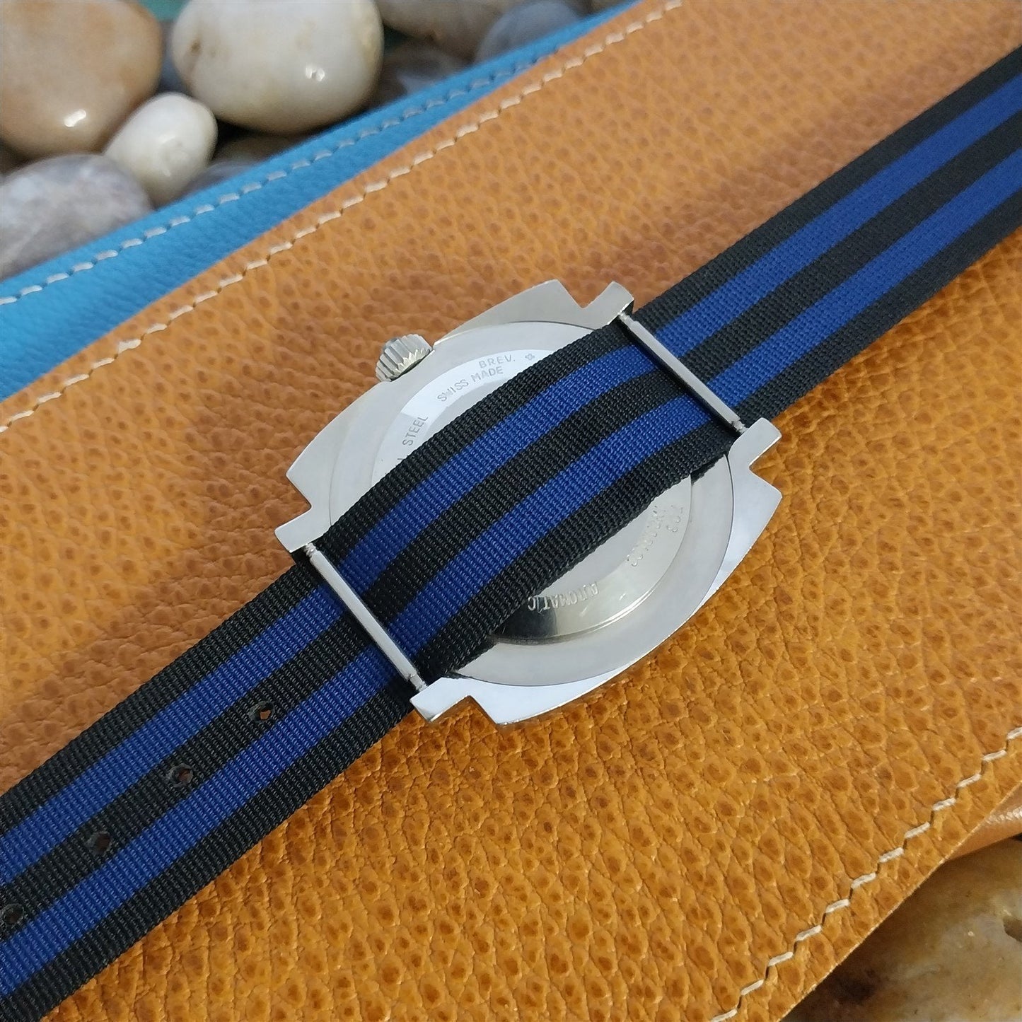 20mm 1960s Striped Perlon Black & Blue Classic Single Pass NOS Vintage Watch Band