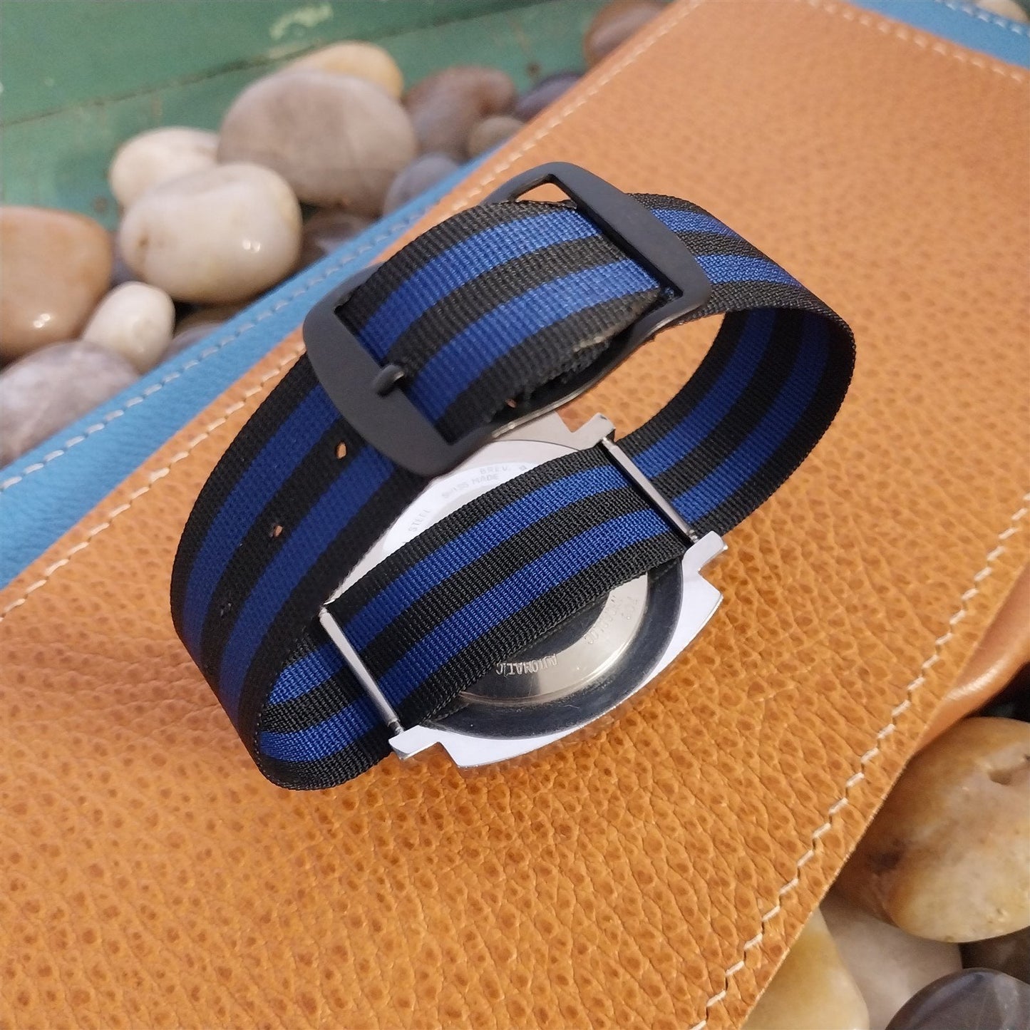 20mm 1960s Striped Perlon Black & Blue Classic Single Pass NOS Vintage Watch Band