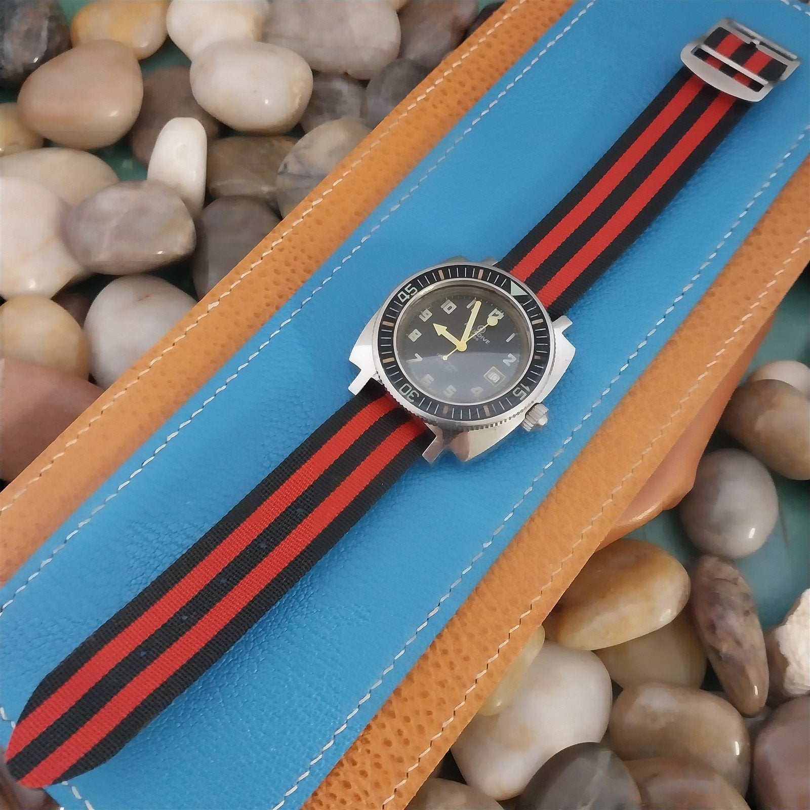 Vintage 20mm Perlon Black & Red Striped Regimental 1960s nos Unused Watch Band