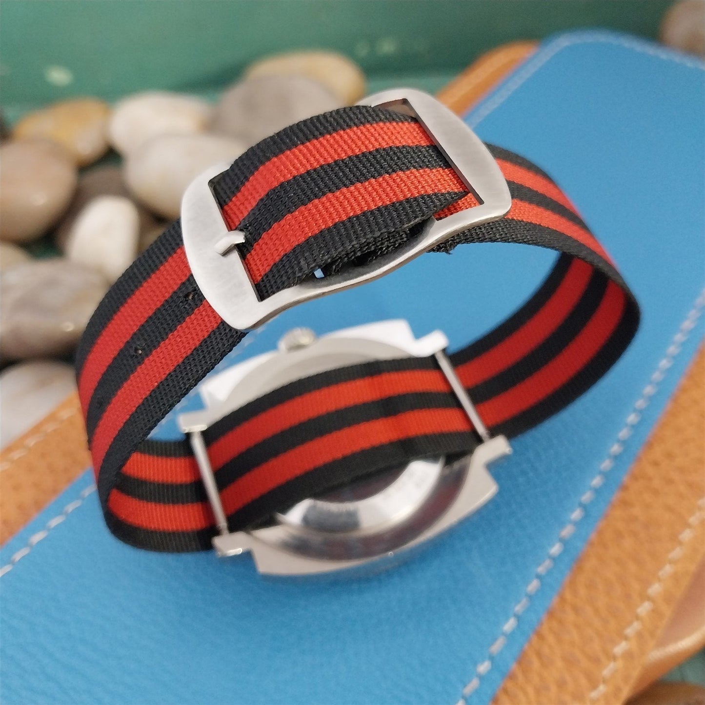 Vintage 20mm Perlon Black & Red Striped Regimental 1960s nos Unused Watch Band