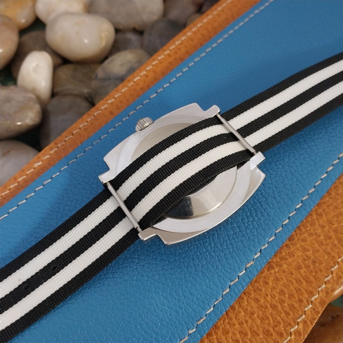 20mm 1960s Striped Perlon Black & White Classic Unused nos Vintage Watch Band