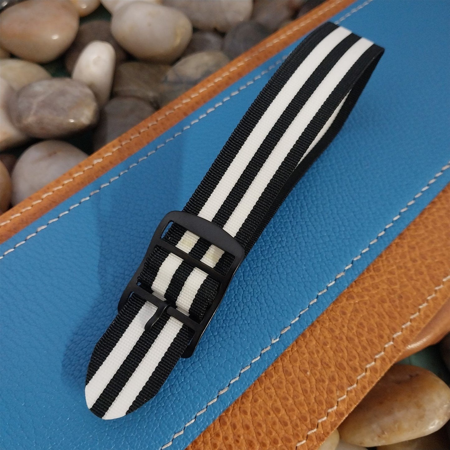 20mm 1960s Striped Perlon Black & White Classic Unused nos Vintage Watch Band