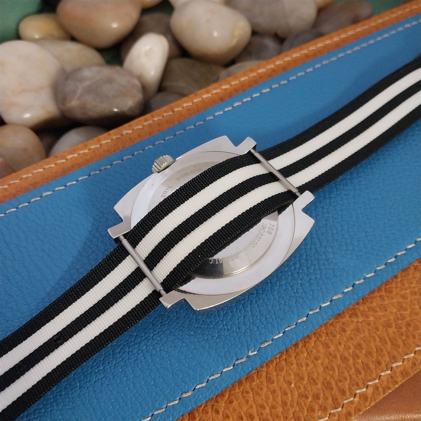 20mm 1960s Striped Perlon Black & White Classic Unused nos Vintage Watch Band