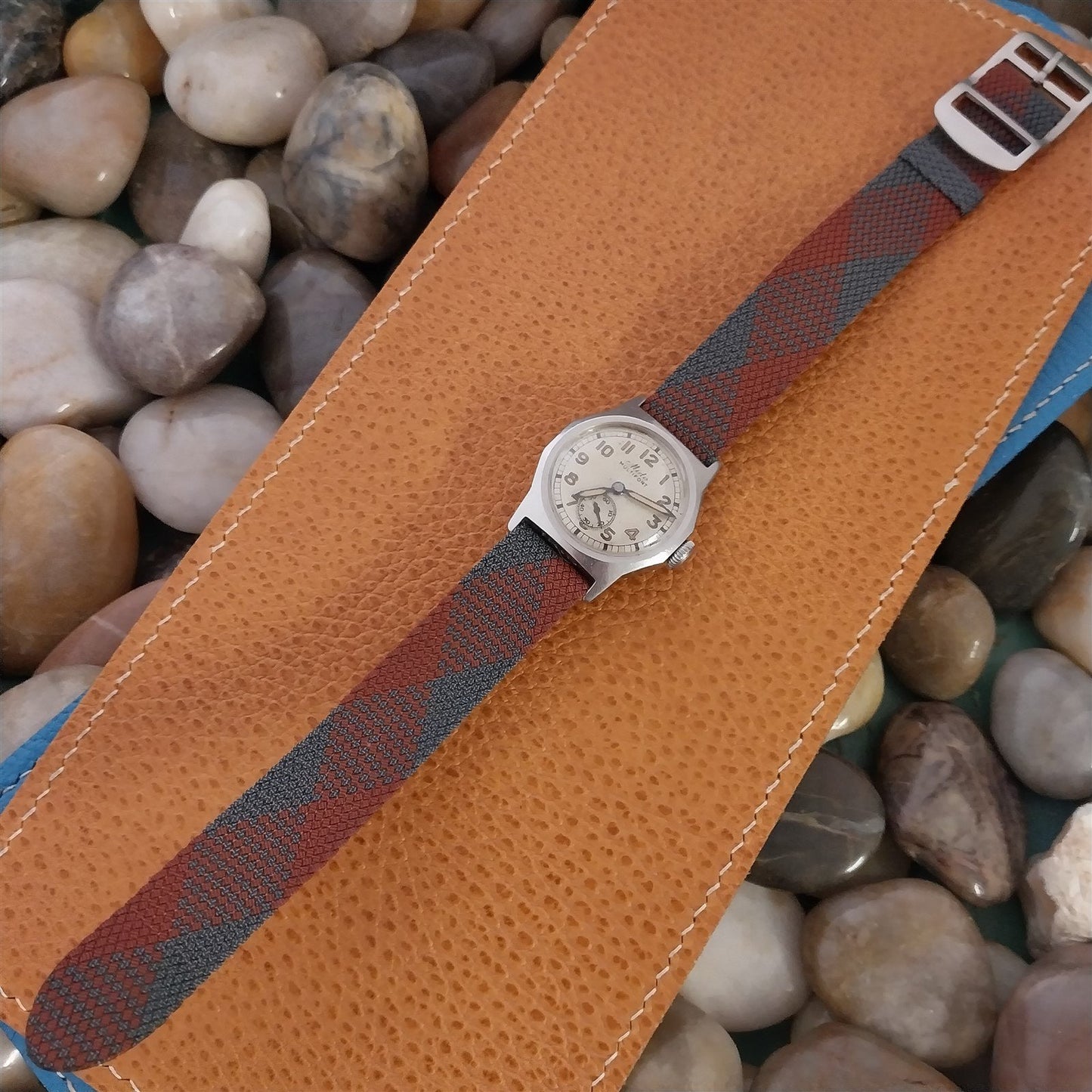 Vintage Eulit Perlon 16mm NOS 1960s Red & Gray Argyle Mesh Watch Band NOS