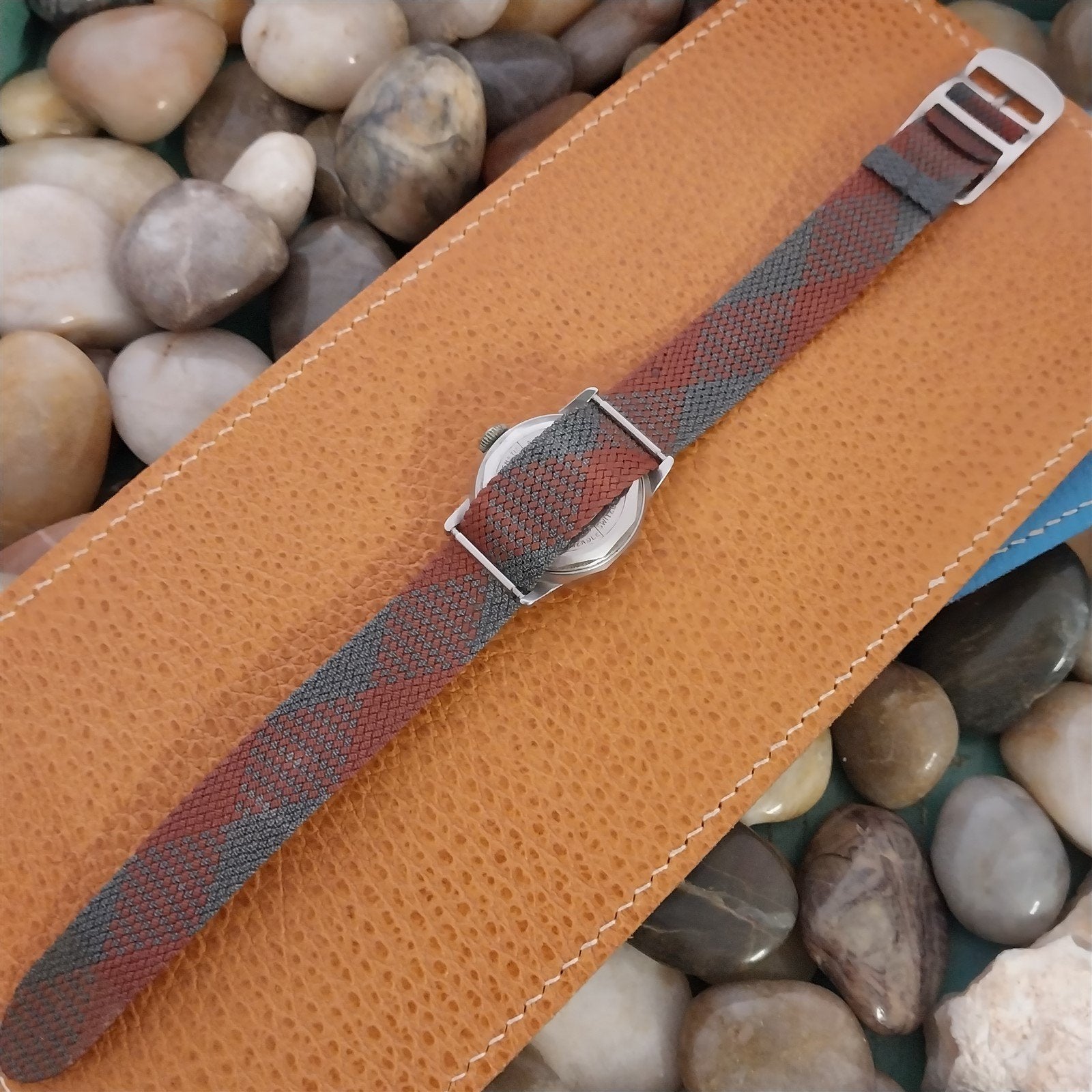 Vintage Eulit Perlon 16mm NOS 1960s Red & Gray Argyle Mesh Watch Band NOS