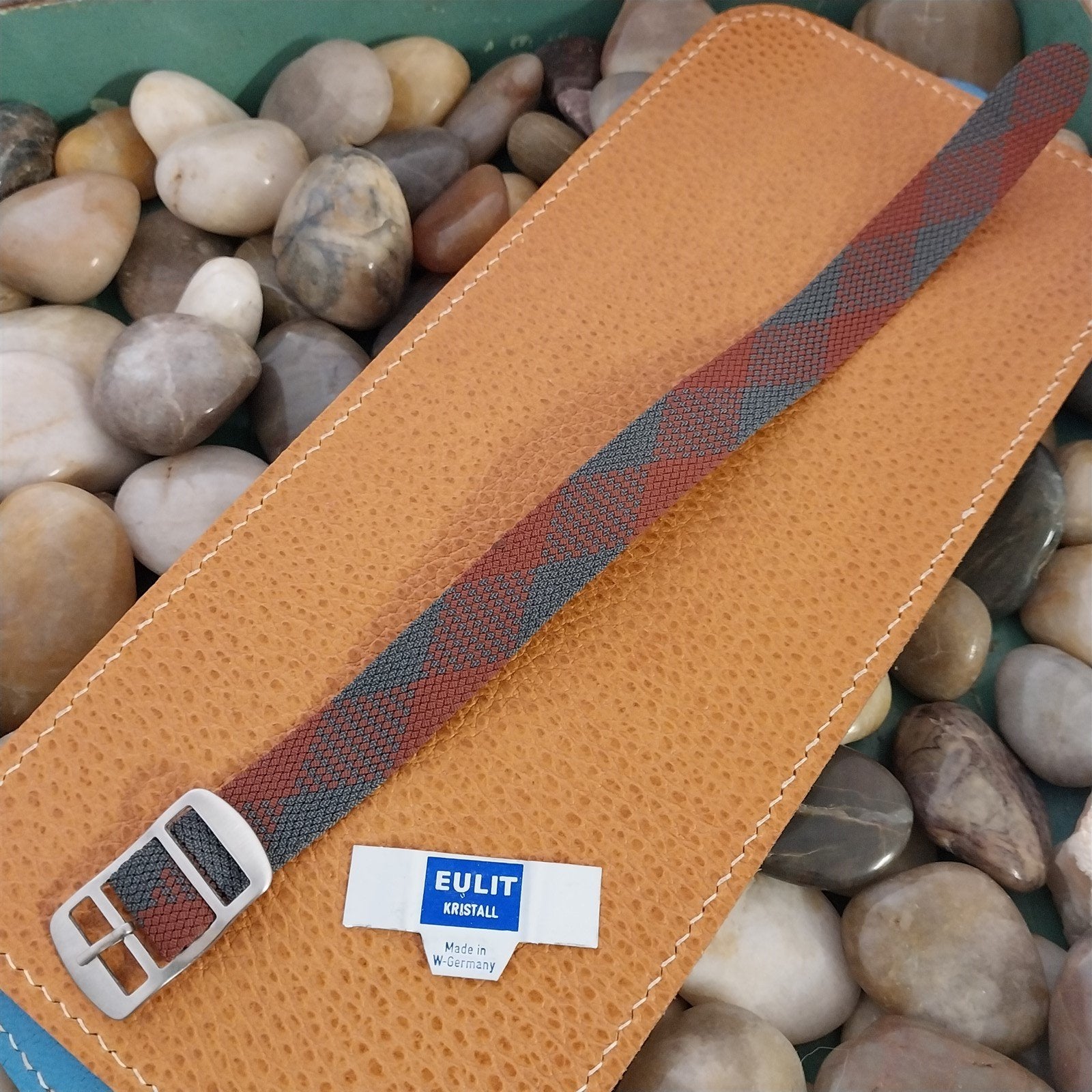 Vintage Eulit Perlon 16mm NOS 1960s Red & Gray Argyle Mesh Watch Band NOS