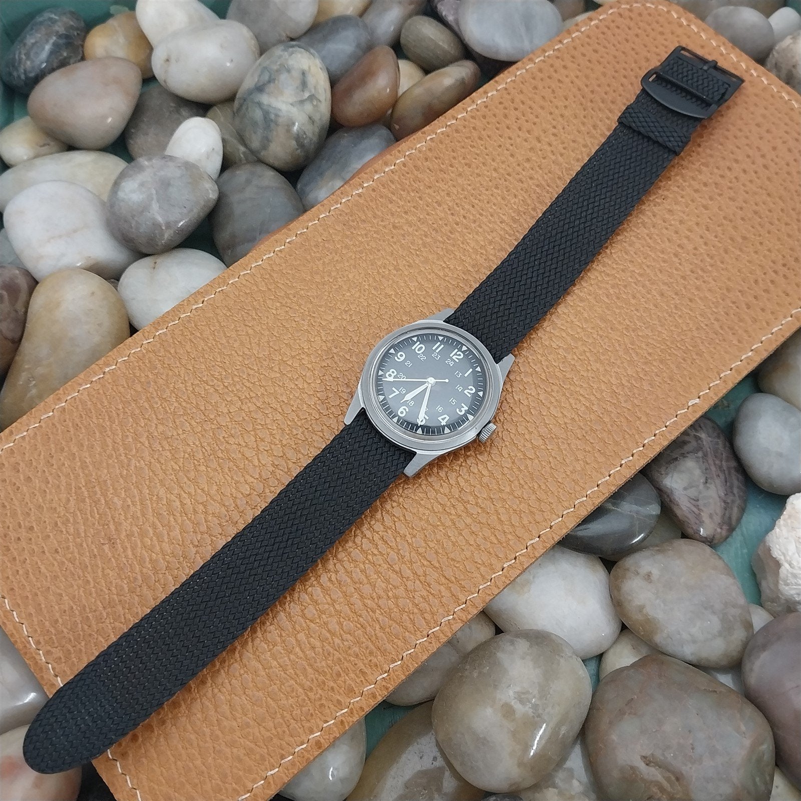 Vintage 18mm Braided Black & Black Perlon Eulit Classic nos 1960s Vintage Watch