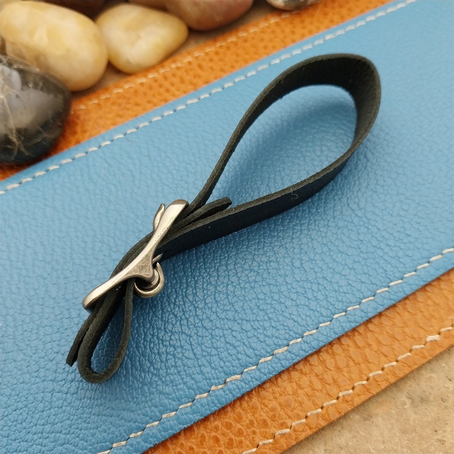 Black French Goatskin Leather Vintage Pocket Watch Fob Strap & Solid Buckle