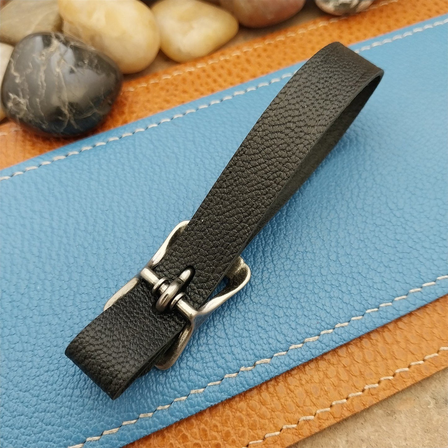 Black French Goatskin Leather Vintage Pocket Watch Fob Strap & Solid Buckle