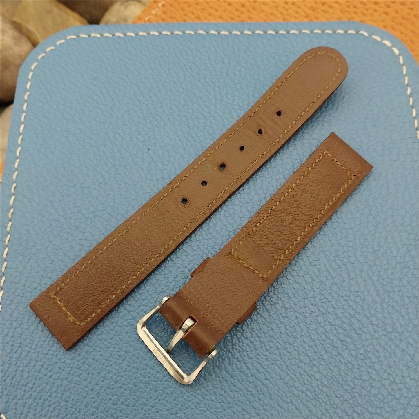 Vintage Elgin Saddle Leather Unused 5/8" Watch Band & Silver-Tone Logo Buckle