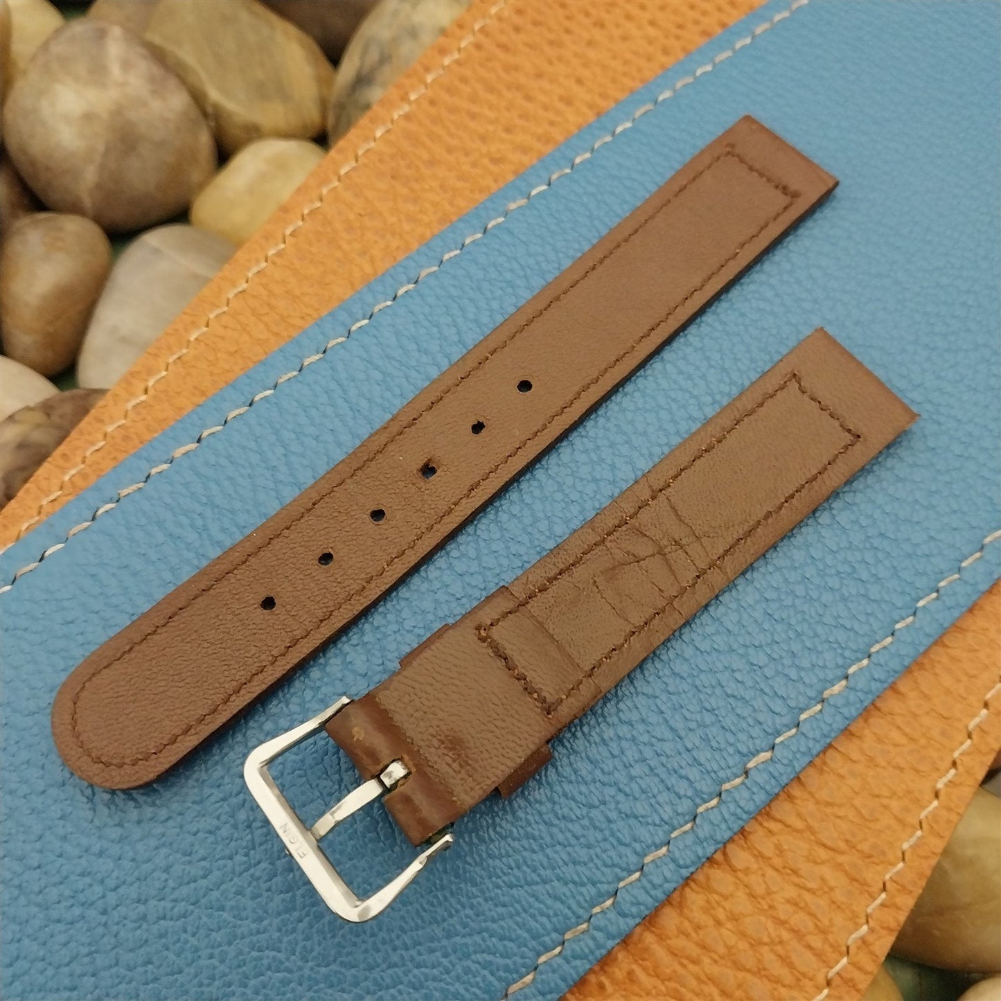 Vintage Saddle Leather Unused 5/8" Watch Band & Elgin Silver-Tone Logo Buckle