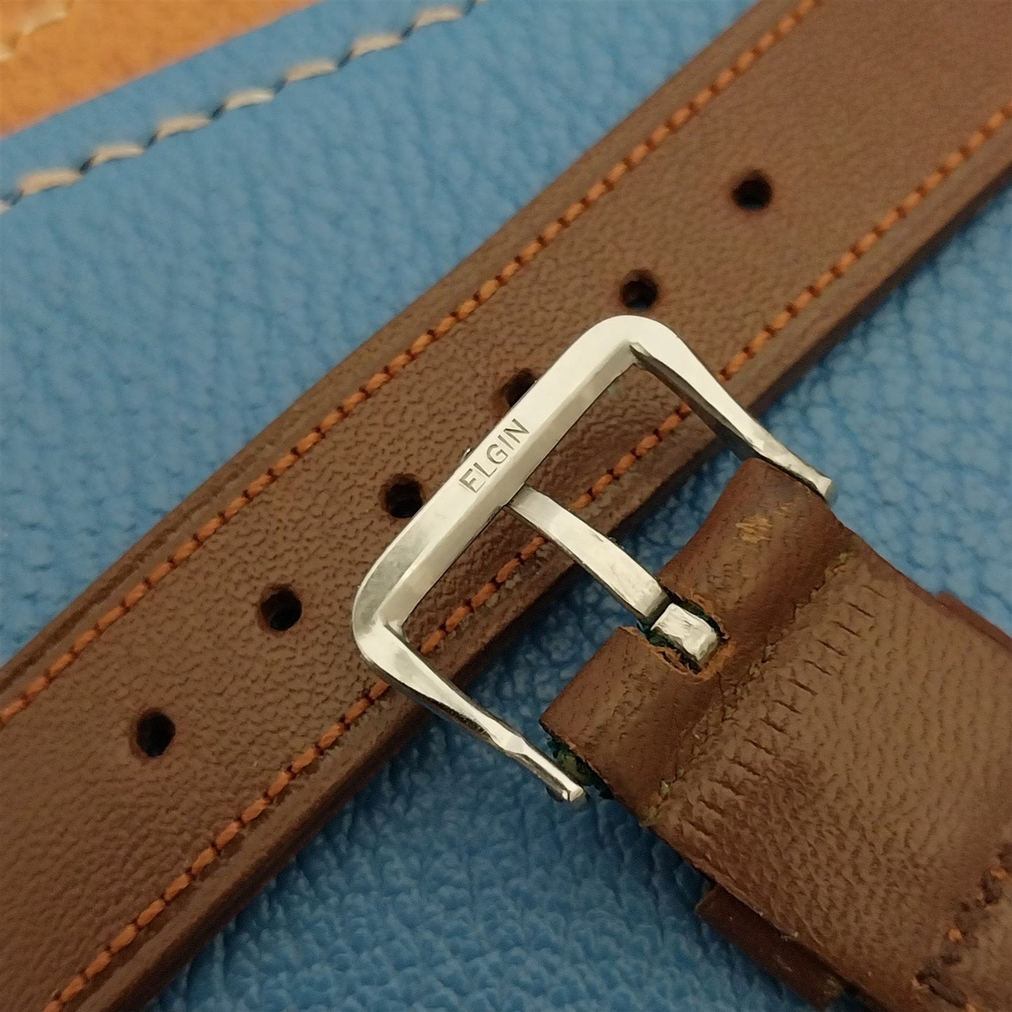 Vintage Saddle Leather Unused 5/8" Watch Band & Elgin Silver-Tone Logo Buckle