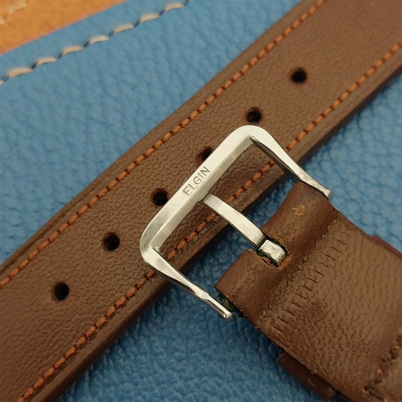 Vintage Saddle Leather Unused 5/8" Watch Band & Elgin Silver-Tone Logo Buckle