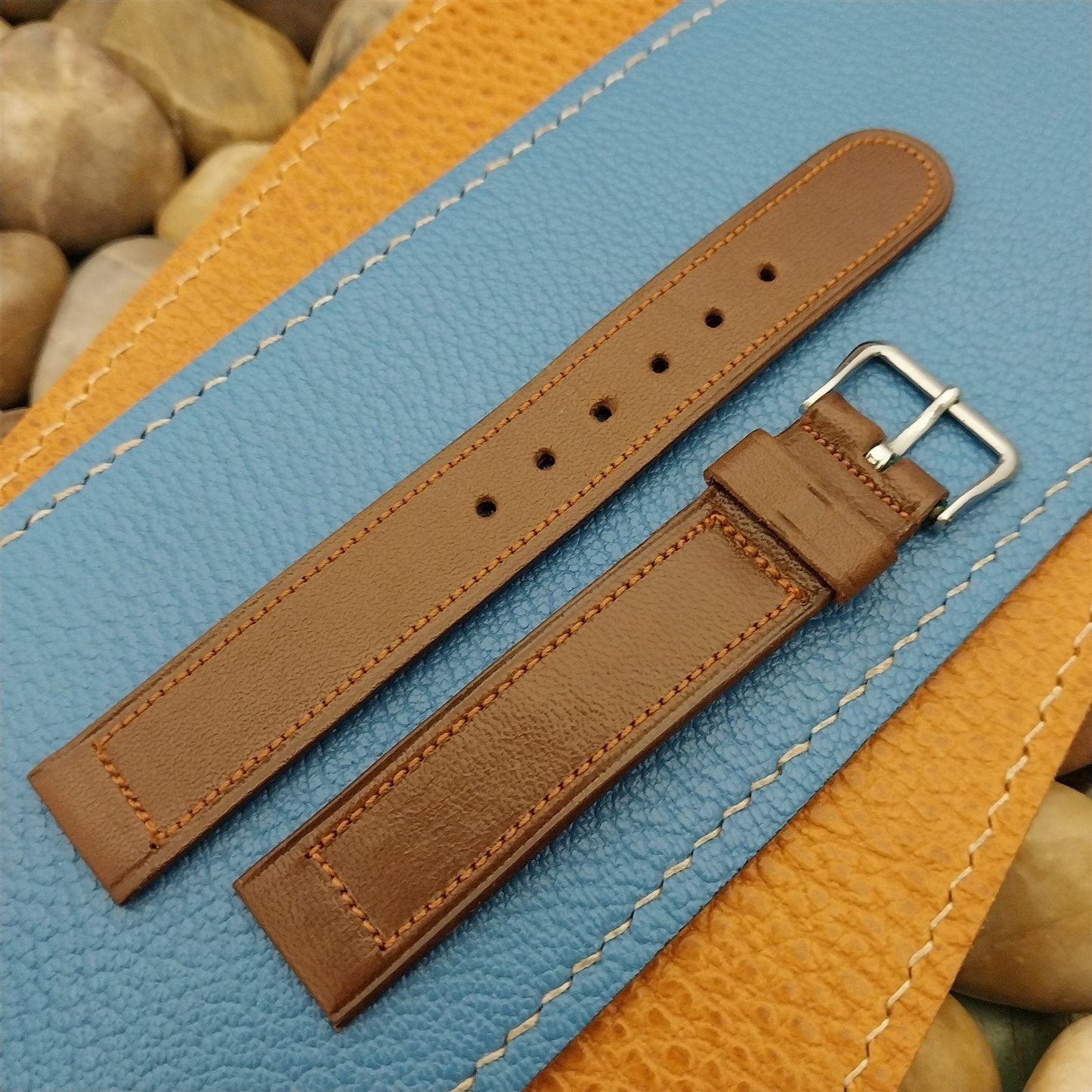 Vintage Saddle Leather Unused 5/8" Watch Band & Elgin Silver-Tone Logo Buckle