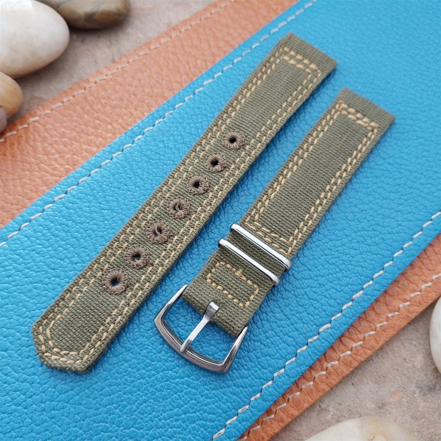 Vintage 5/8" OD Green Canvas Military 1940s-1950s Watch Strap & Stainless Buckle