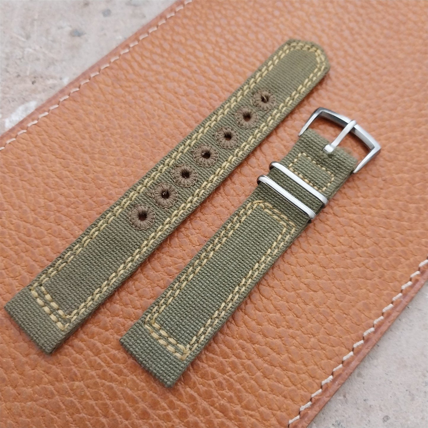 Vintage 5/8" OD Green Canvas Military 1940s-1950s Watch Strap & Stainless Buckle