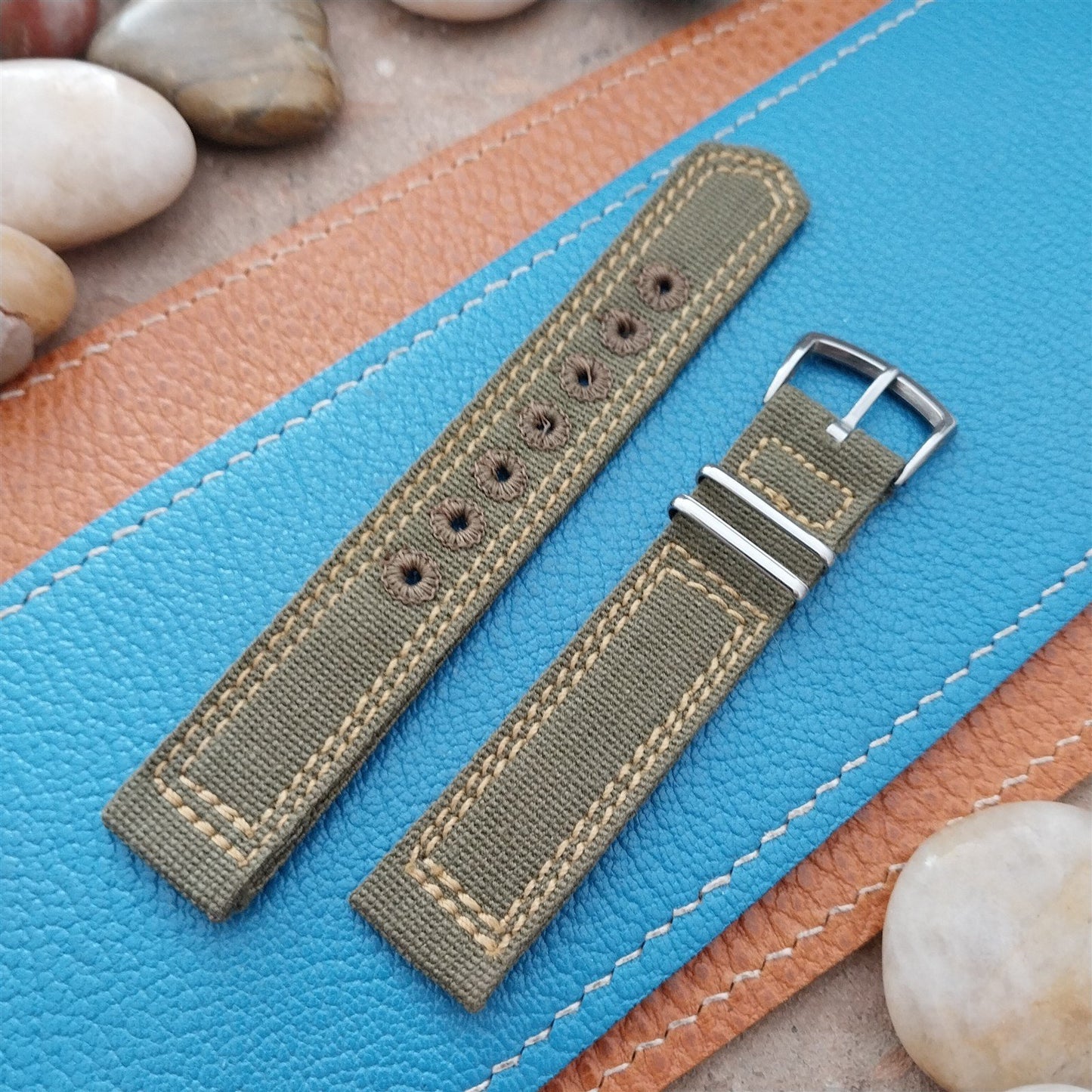 Vintage 5/8" OD Green Canvas Military 1940s-1950s Watch Strap & Stainless Buckle
