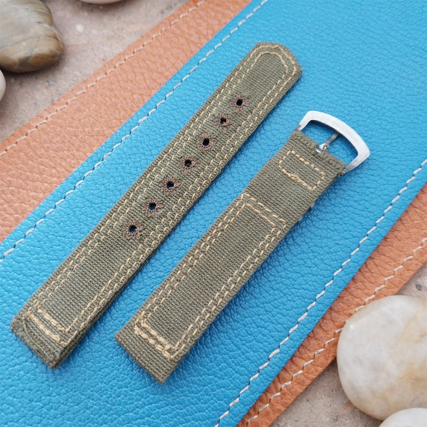 Vintage 5/8" OD Green Canvas Military 1940s-1950s Watch Strap & Stainless Buckle