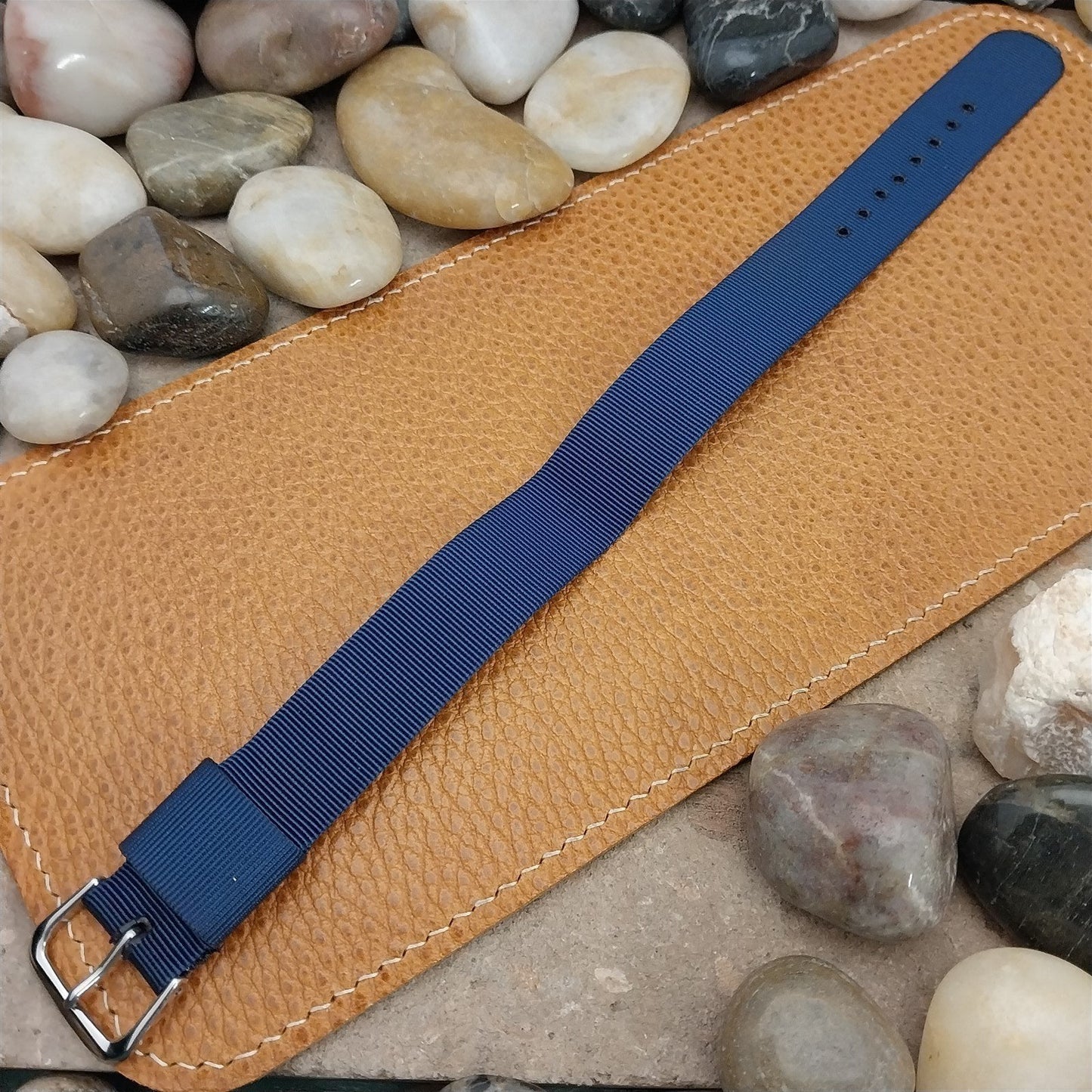 18mm Blue Nylon Single Pass Unused Vintage Watch Band &Polished Stainless Buckle