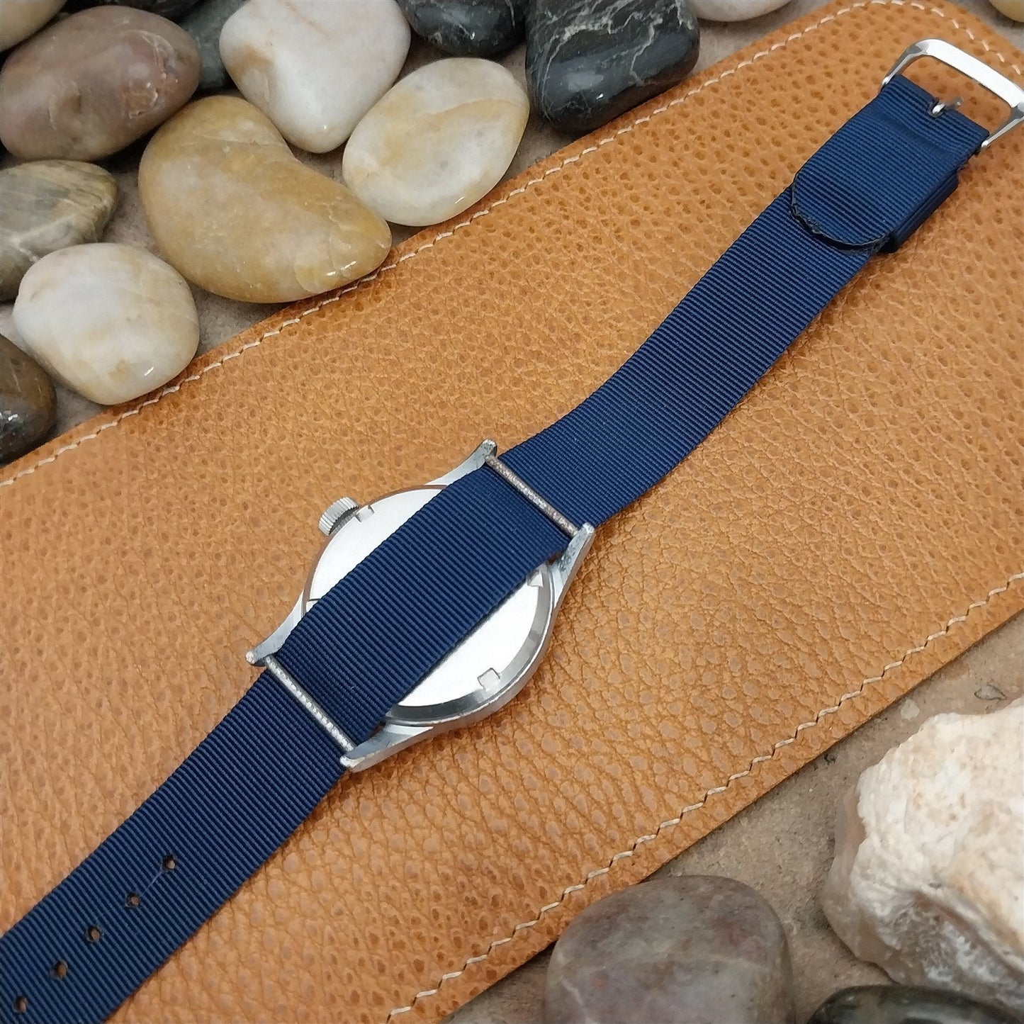 18mm Blue Nylon Single Pass Unused Vintage Watch Band &Polished Stainless Buckle