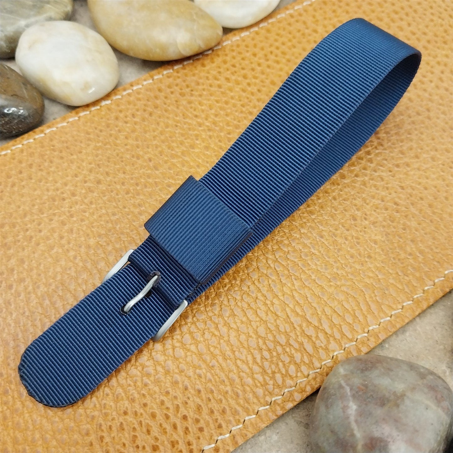 18mm Blue Nylon Single Pass Unused Vintage Watch Band & Bead Blasted Buckle