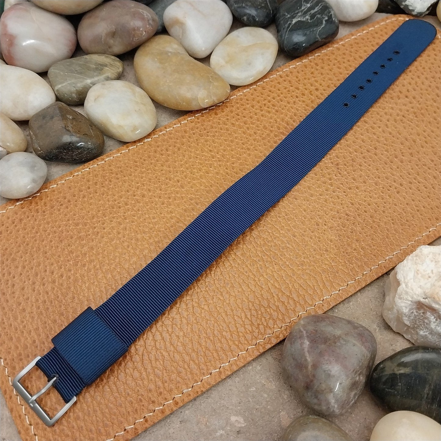 18mm Blue Nylon Single Pass Unused Vintage Watch Band & Bead Blasted Buckle