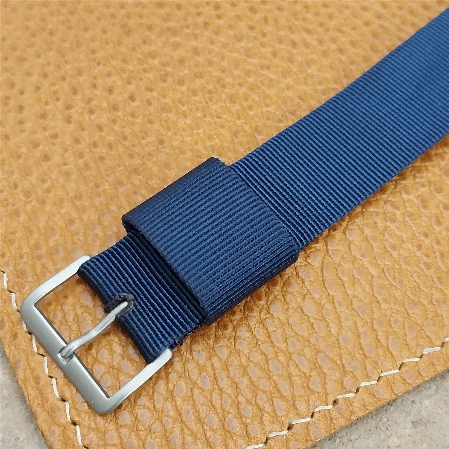 18mm Blue Nylon Single Pass Unused Vintage Watch Band & Bead Blasted Buckle