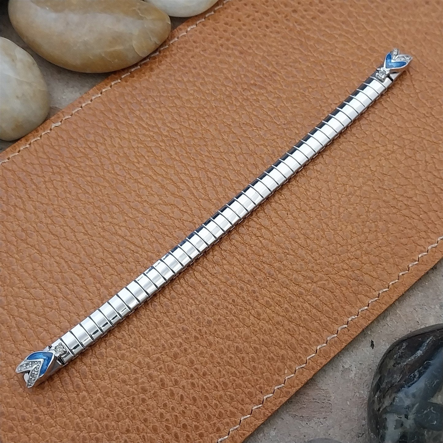 White Gold-Fill Rhinestone & Blue Enamel Ladies Kreisler 60s Vintage Watch Band