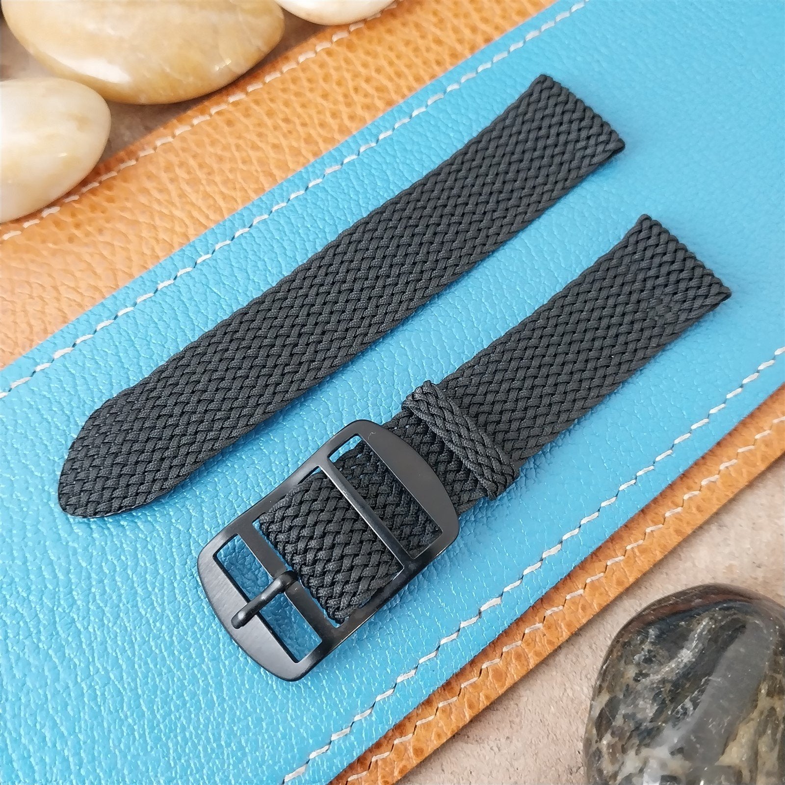 Vintage 18mm Braided Perlon 2-Piece Black & Black Buckle Unused 1960s Watch Band