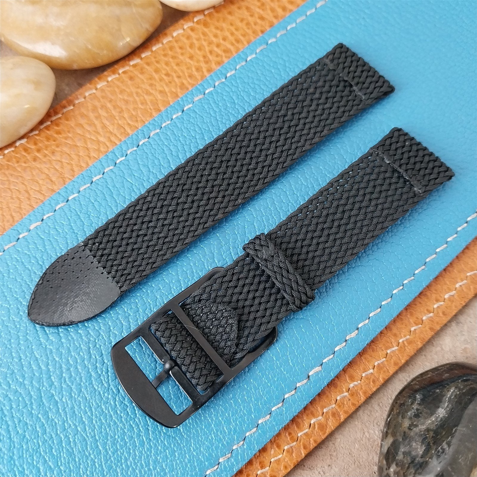 Vintage 18mm Braided Perlon 2-Piece Black & Black Buckle Unused 1960s Watch Band