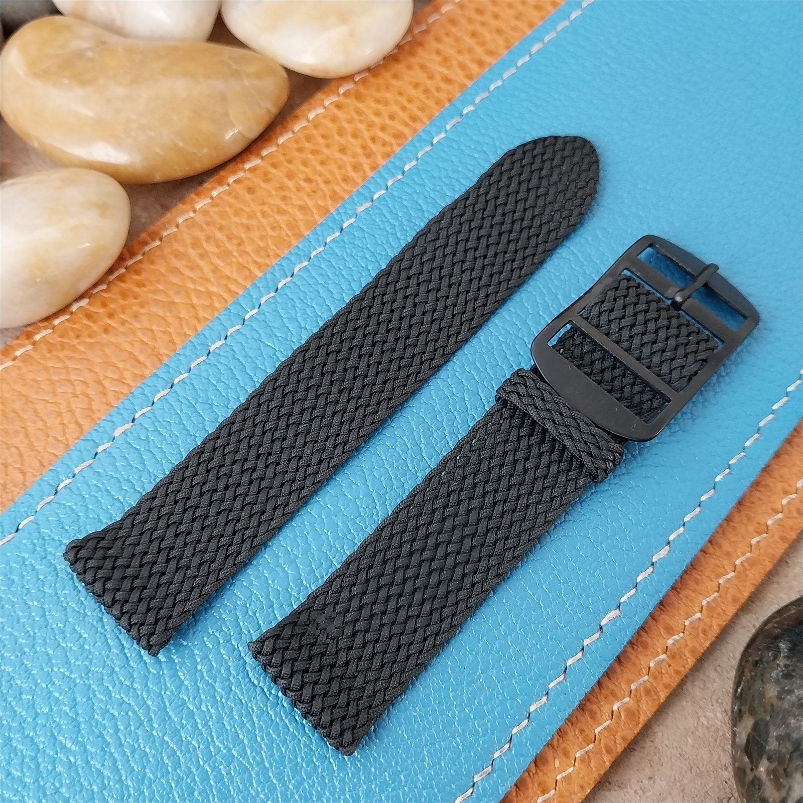 Vintage 18mm Braided Perlon 2-Piece Black & Black Buckle Unused 1960s Watch Band