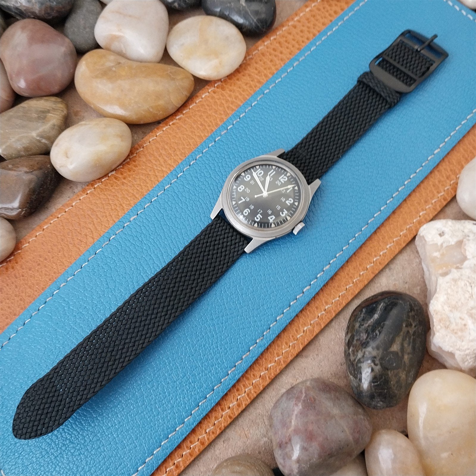 Vintage 18mm Braided Perlon 2-Piece Black & Black Buckle Unused 1960s Watch Band