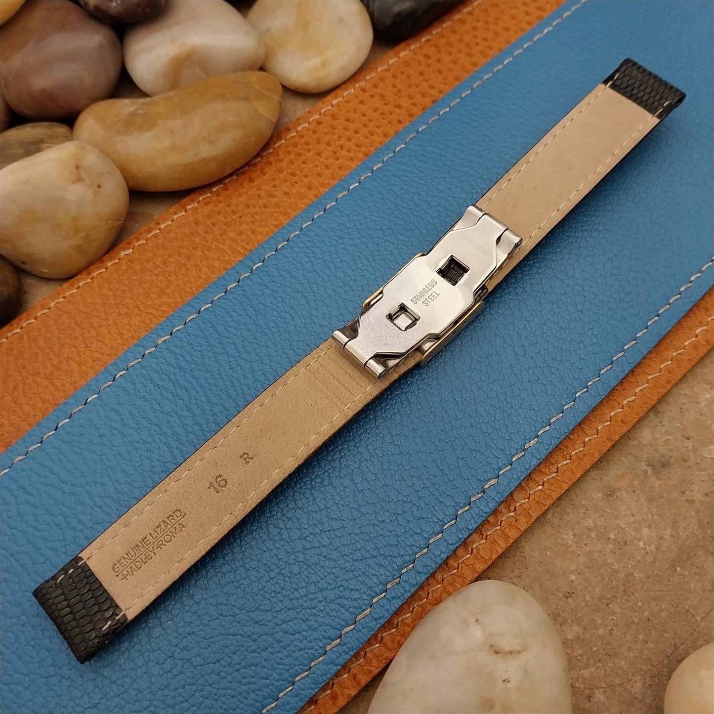 16mm Hadley Roma Black Lizard Watch Strap & Gold-Tone Butterfly Buckle