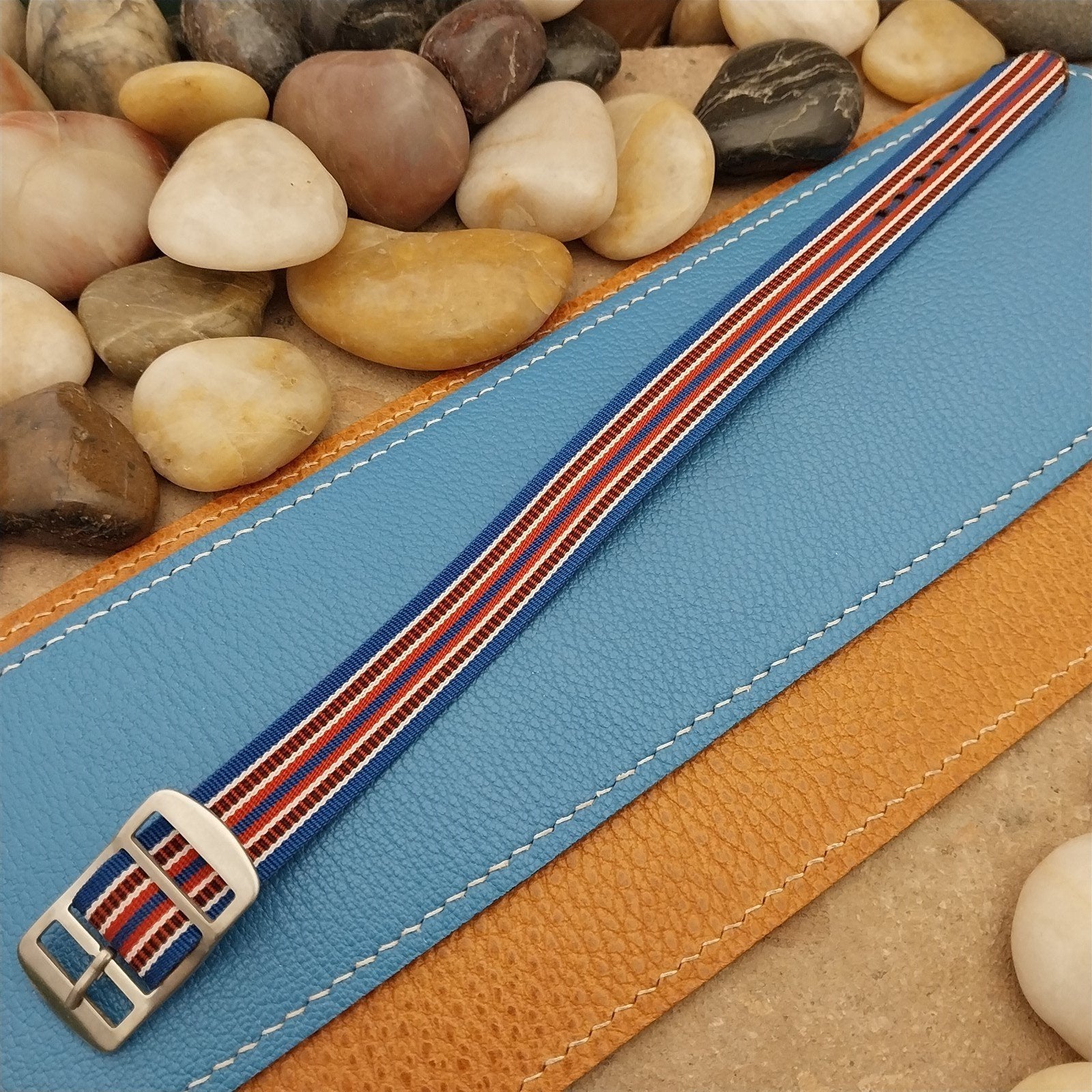 Vintage 16mm 1960s Reversible Striped Perlon Classic Single Pass NOS Watch Band