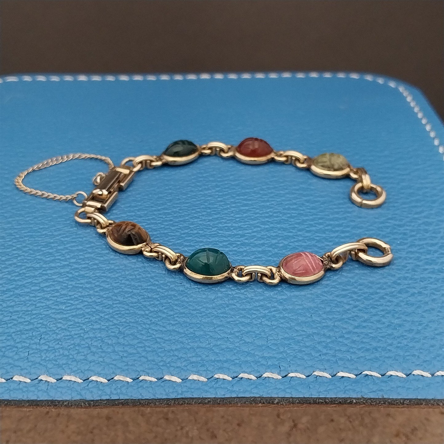 Vintage Kreisler Carved Stone Scarab & Gold-Filled Womens 1960s Watch Band