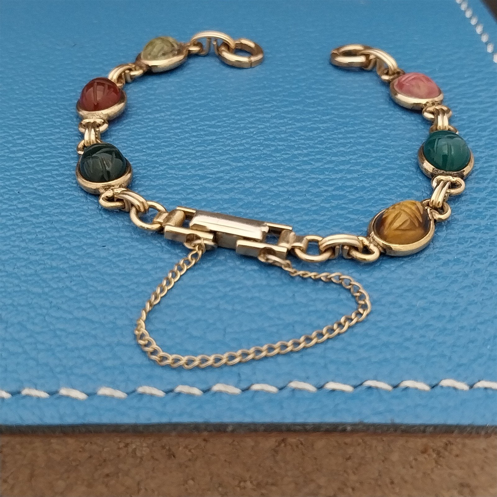 Vintage Kreisler Carved Stone Scarab & Gold-Filled Womens 1960s Watch Band