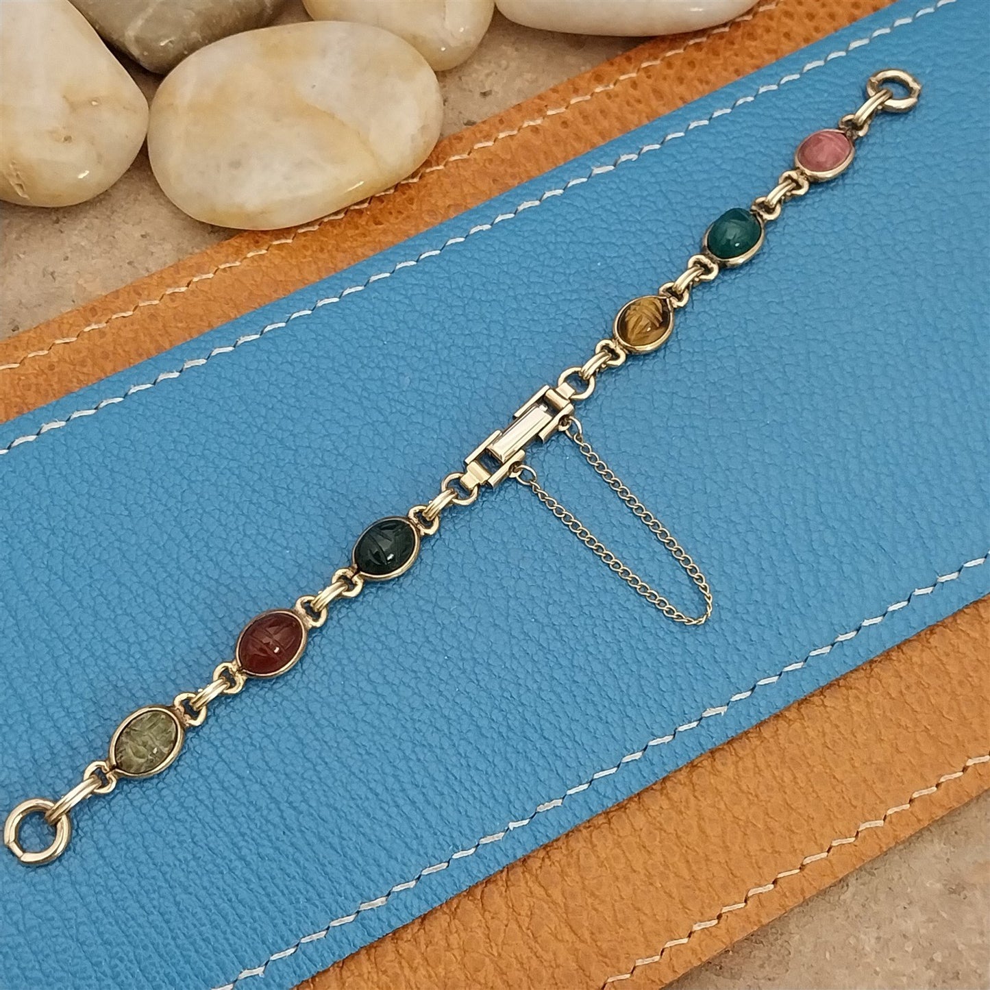 Vintage Kreisler Carved Stone Scarab & Gold-Filled Womens 1960s Watch Band