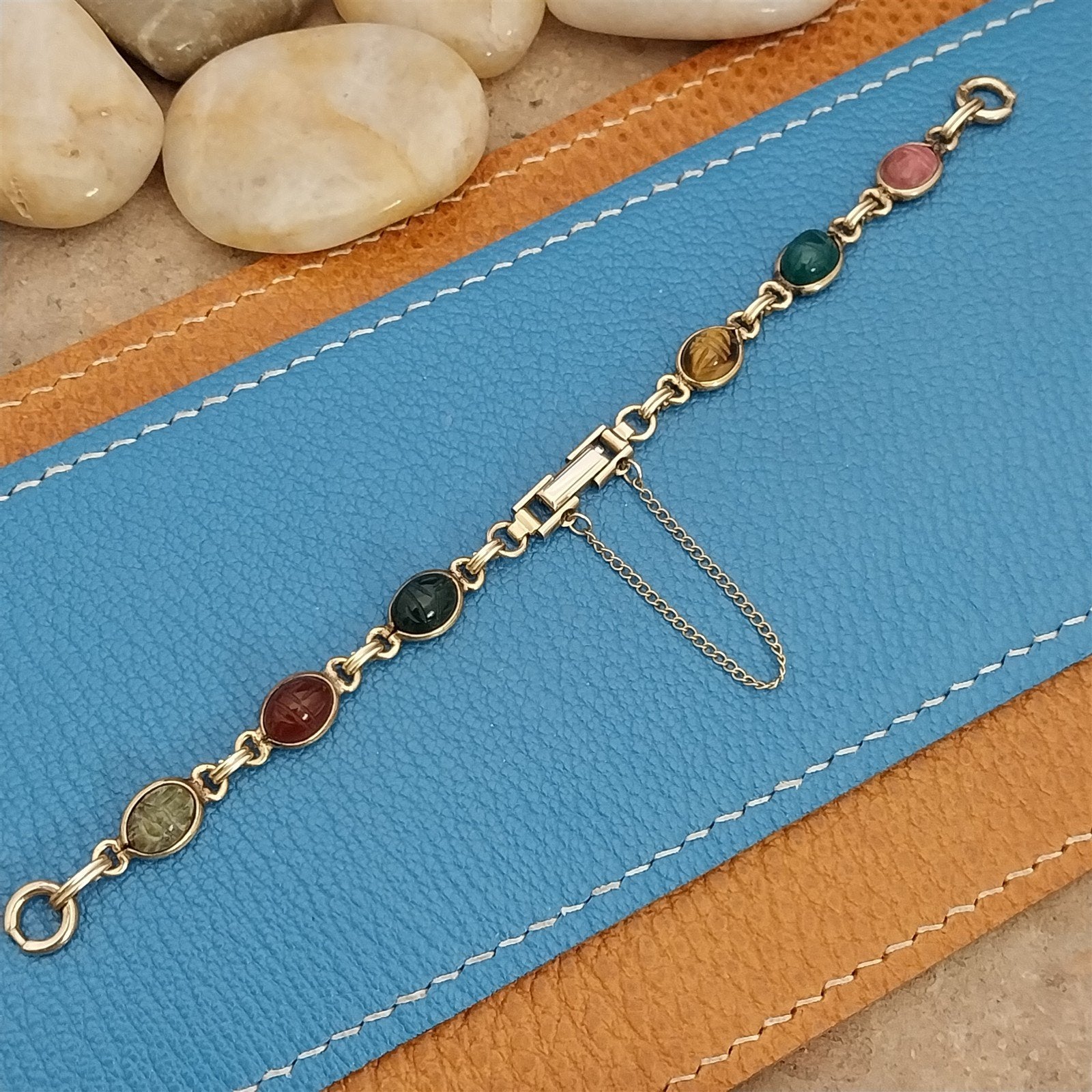 Vintage Kreisler Carved Stone Scarab & Gold-Filled Womens 1960s Watch Band