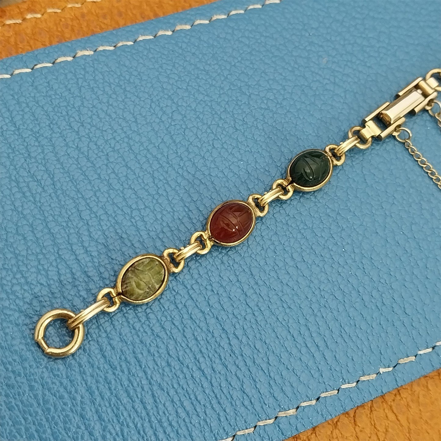 Vintage Kreisler Carved Stone Scarab & Gold-Filled Womens 1960s Watch Band