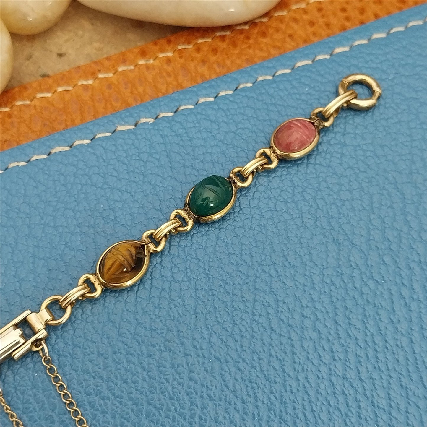 Vintage Kreisler Carved Stone Scarab & Gold-Filled Womens 1960s Watch Band