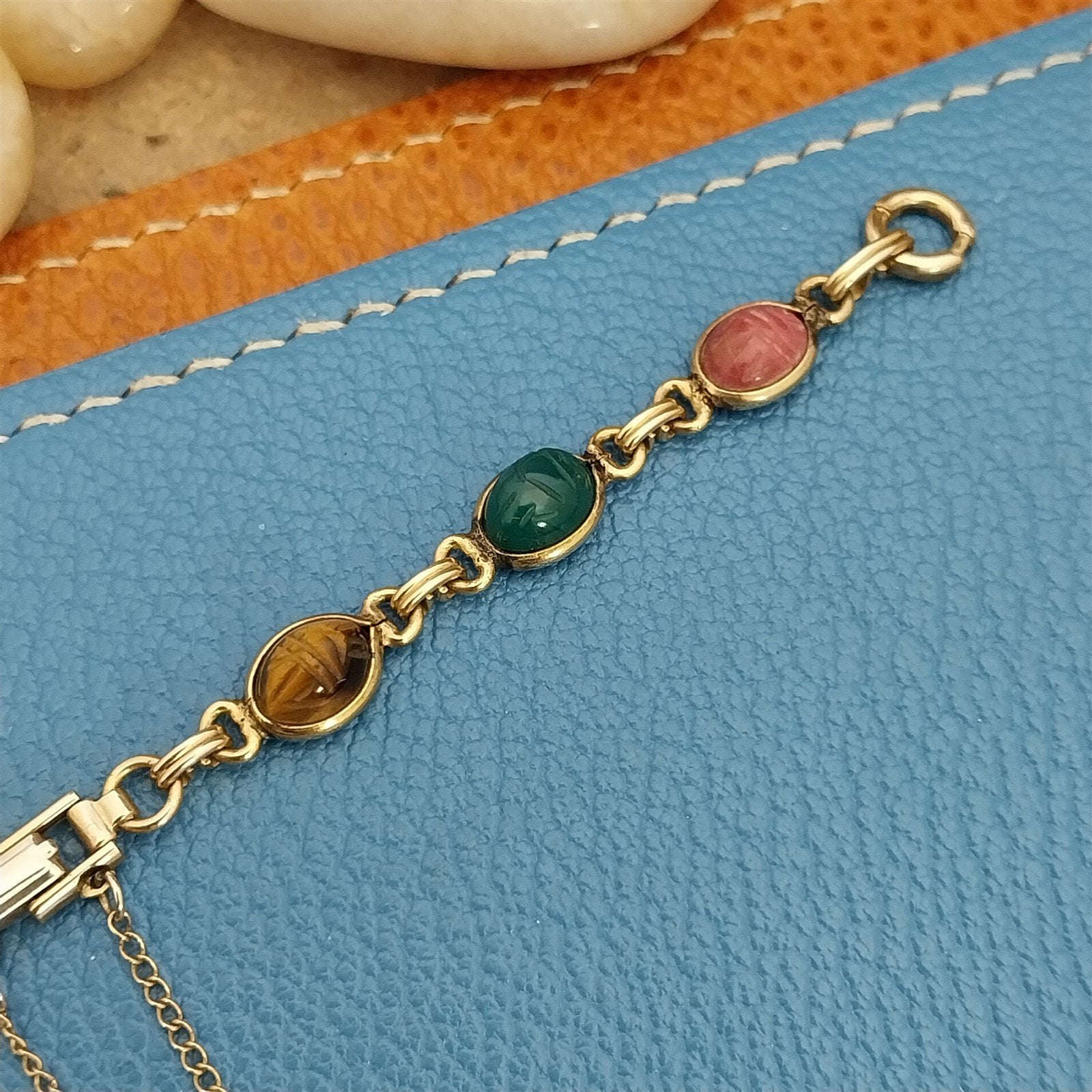 Vintage Kreisler Carved Stone Scarab & Gold-Filled Womens 1960s Watch Band