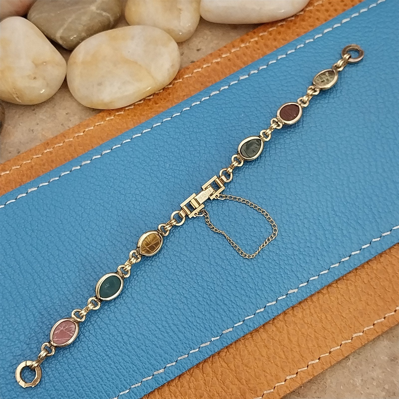 Vintage Kreisler Carved Stone Scarab & Gold-Filled Womens 1960s Watch Band