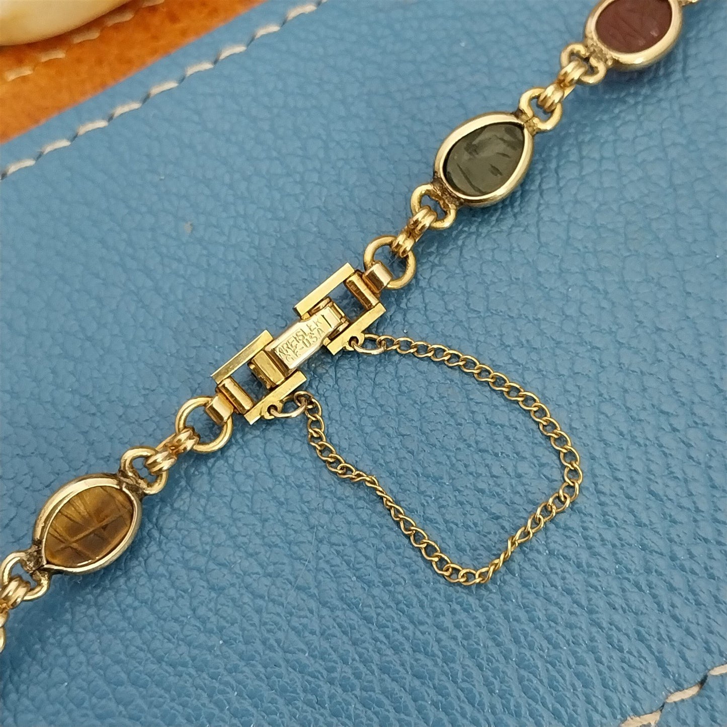 Vintage Kreisler Carved Stone Scarab & Gold-Filled Womens 1960s Watch Band