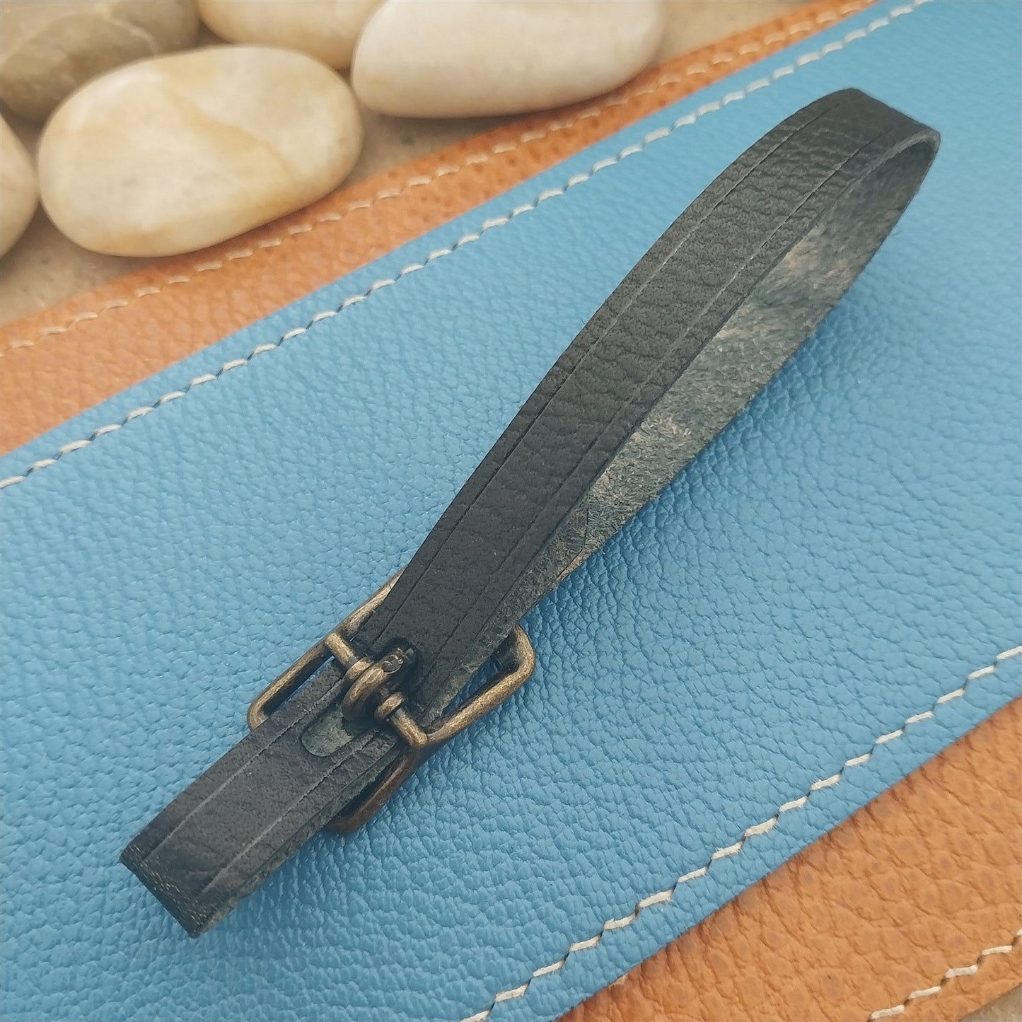 3/8" Black Grained Saddle Leather Vintage Pocket Watch Fob Strap & Solid Buckle