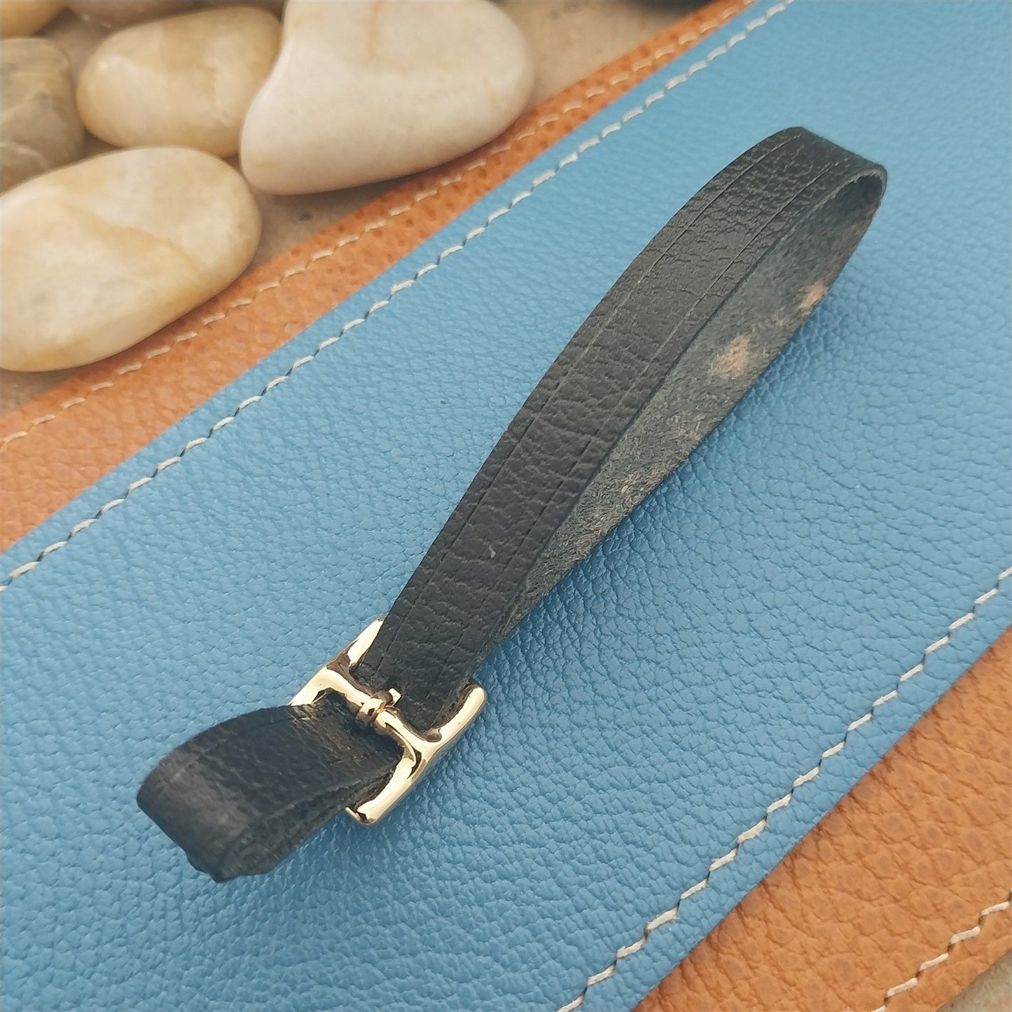 3/8" Black Grained Saddle Leather Vintage Watch Fob Strap & Gold Plated Buckle