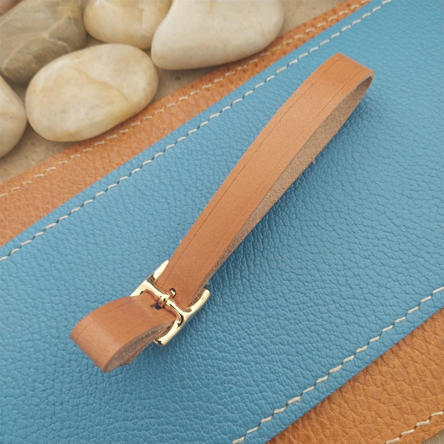 3/8" Tan English Bridle Leather Vintage Watch Fob Strap & Gold Plated Buckle