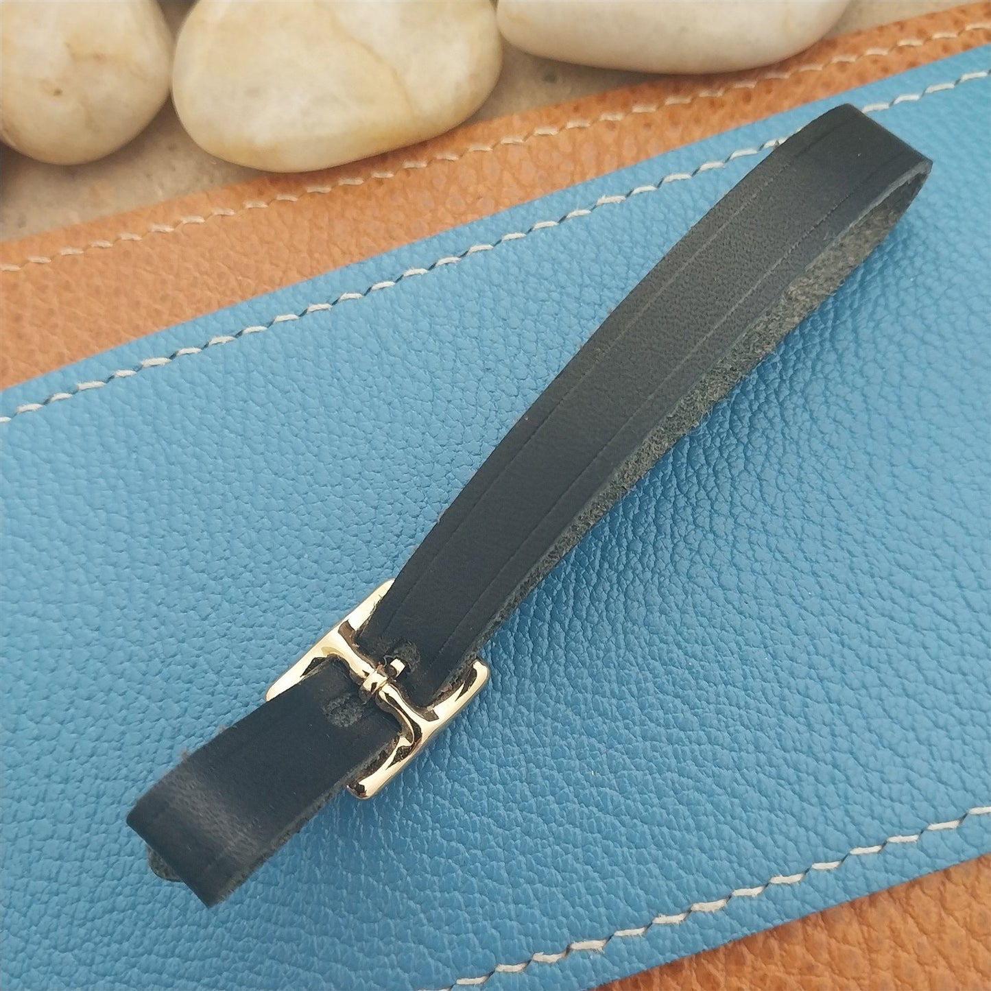 3/8" Black English Bridle Leather Vintage Watch Fob Strap & Gold Plated Buckle