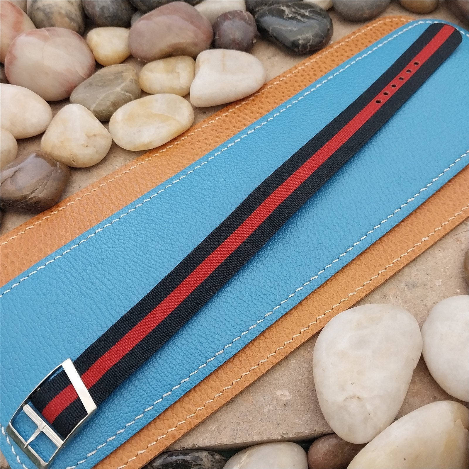 Vintage 18mm Blue & Red Striped Nylon Classic Single Pass nos Unused Watch Band